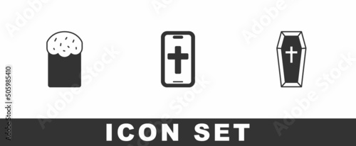 Set Easter cake  Christian cross on phone and Coffin icon. Vector