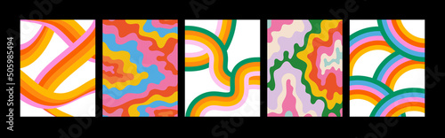 Abstract psychedelic tie dye illustration set with colorful LSD trippy shapes in retro art style. 60s hippie or trendy concept poster background design.