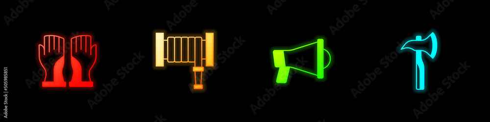 Set Firefighter gloves, hose reel, Megaphone and axe icon. Vector Set Firefighter gloves, hose reel, Megaphone and axe icon. Vector