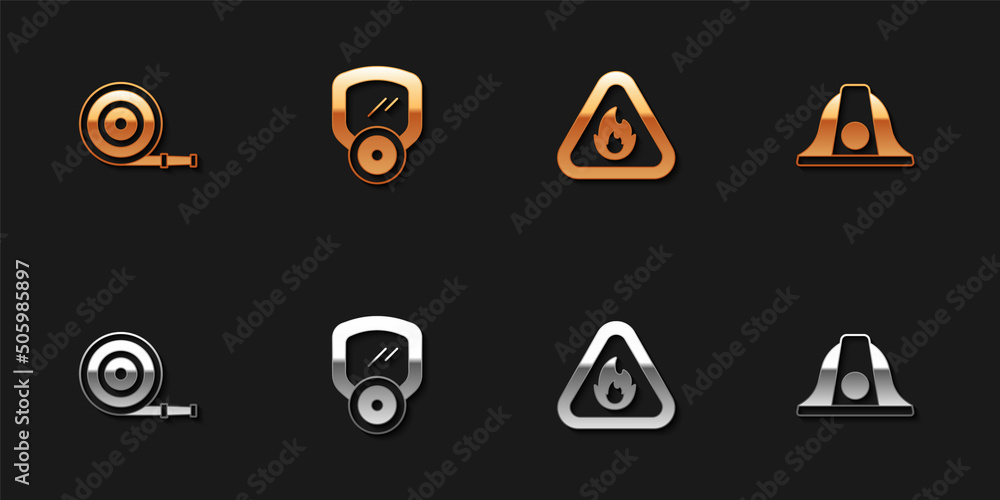 Set Fire hose reel, Gas mask, flame in triangle and Firefighter helmet icon. Vector Set Fire hose reel, Gas mask, flame in triangle and Firefighter helmet icon. Vector