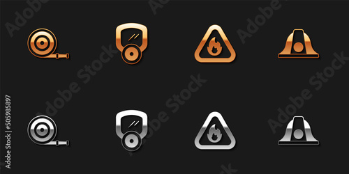 Set Fire hose reel, Gas mask, flame in triangle and Firefighter helmet icon. Vector