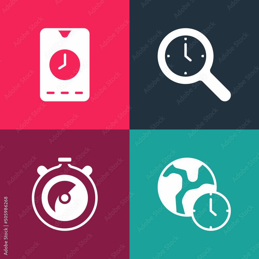 Set pop art World time, Stopwatch, Magnifying glass with clock and Alarm app mobile icon. Vector Set pop art World time, Stopwatch, Magnifying glass with clock and Alarm app mobile icon. Vector