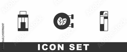 Set Vape mod device, Tobacco leaf shop and Lighter icon. Vector