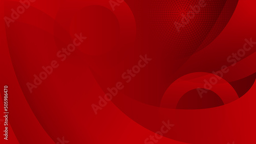 Abstract background of wave line stripes circle curved surfaces and halftone dots in red colors