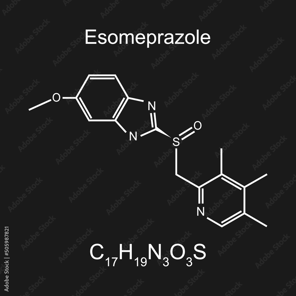 Esomeprazole Peptic Ulcer Drug Molecule (PPI). Skeletal Formula. Paharmaceutical Drug.