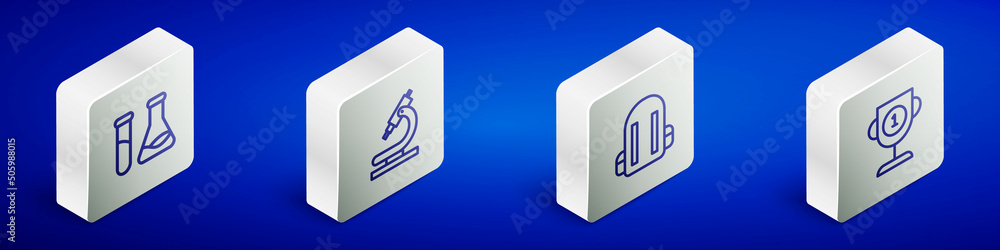 Set Isometric line Test tube and flask, Microscope, School backpack and Award cup icon. Vector Set Isometric line Test tube and flask, Microscope, School backpack and Award cup icon. Vector