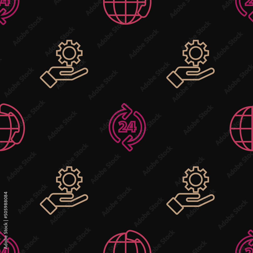 Set line Telephone 24 hours support, Settings in the hand and on seamless pattern. Vector