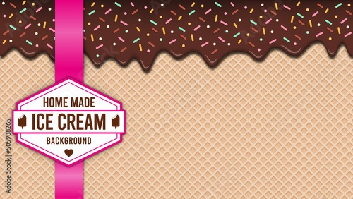 Vanilla waffle ice cream cone background with pink candy drip and sprinkles photo