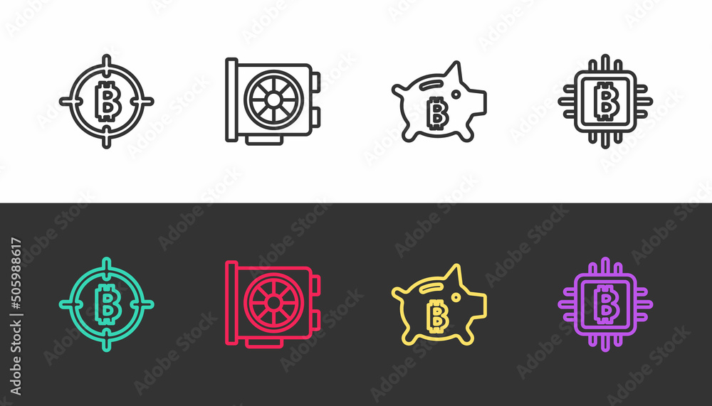 Set line Bitcoin in the target, Video graphic card, Piggy bank bitcoin and CPU mining farm on black and white. Vector Set line Bitcoin in the target, Video graphic card, Piggy bank bitcoin and CPU mining farm on black and white. Vector