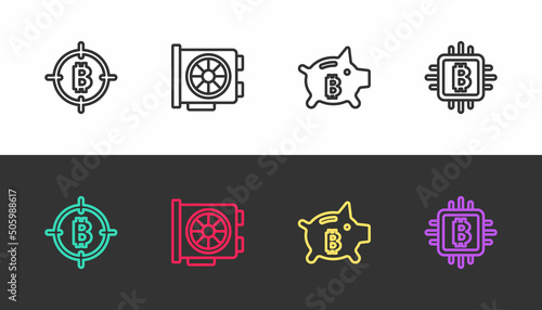 Set line Bitcoin in the target, Video graphic card, Piggy bank bitcoin and CPU mining farm on black and white. Vector