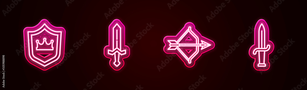 Set line Shield with crown, Medieval sword, bow and arrow and Dagger. Glowing neon icon. Vector Set line Shield with crown, Medieval sword, bow and arrow and Dagger. Glowing neon icon. Vector