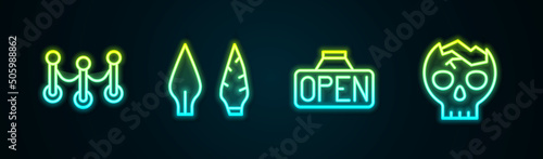 Set line Rope barrier, Stone age arrow head, Hanging sign with Open and Broken human skull. Glowing neon icon. Vector
