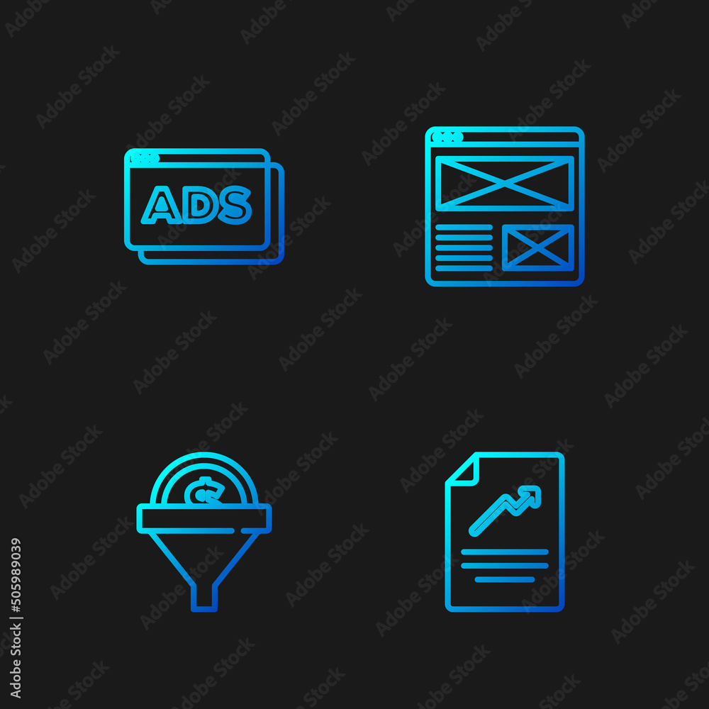 Set line Document with graph chart, Lead management, Advertising and Browser window. Gradient color icons. Vector Set line Document with graph chart, Lead management, Advertising and Browser window. Gradient color icons. Vector