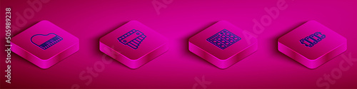 Set Isometric line Grand piano, Pan flute, Drum machine and Xylophone icon. Vector