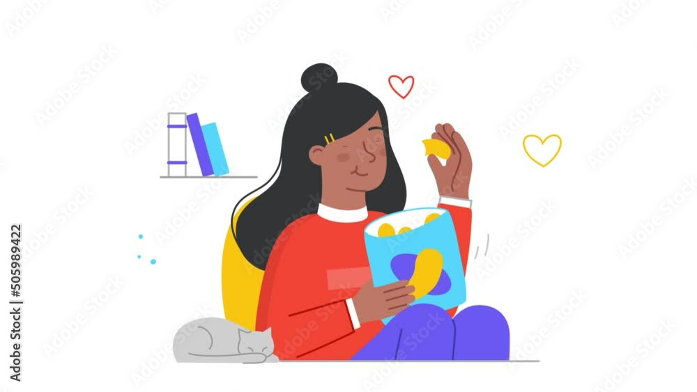 Person eats delicious food video concept. Young moving woman sitting at home on comfortable chair and eating potato chips. Character with harmful snack. Flat graphic animated cartoon in doodle style Person eats delicious food video concept. Young moving woman sitting at home on comfortable chair and eating potato chips. Character with harmful snack. Flat graphic animated cartoon in doodle style