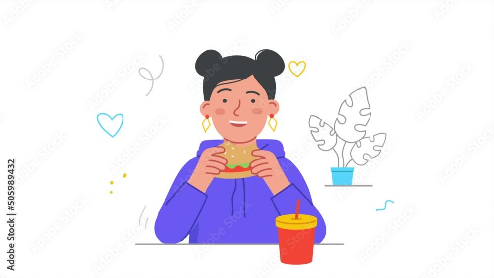 Person eats delicious food video concept. Young moving woman sitting in cafe or restaurant, eating burger with vegetables and meat and drinking soda. Snack or lunch. Flat graphic animated cartoon Person eats delicious food video concept. Young moving woman sitting in cafe or restaurant, eating burger with vegetables and meat and drinking soda. Snack or lunch. Flat graphic animated cartoon