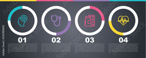 Set line Male head with hospital, Stethoscope, Pills in blister pack and Heart rate. Business infographic template. Vector