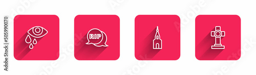 Set line Tear cry eye, Speech bubble rip death, Church building and Grave with cross with long shadow. Red square button. Vector