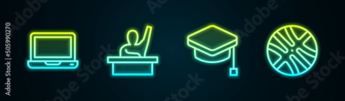 Set line Laptop, Male kid raising hand, Graduation cap and Basketball ball. Glowing neon icon. Vector