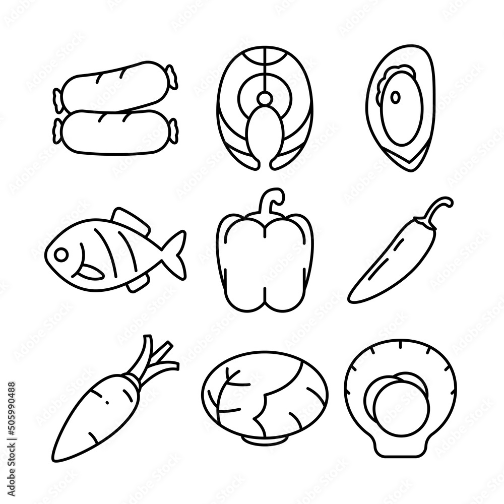 Fresh food icon set simple design, fresh vegetable and seafood drawing in black lines on white background. Fresh food icon set simple design, fresh vegetable and seafood drawing in black lines on white background.