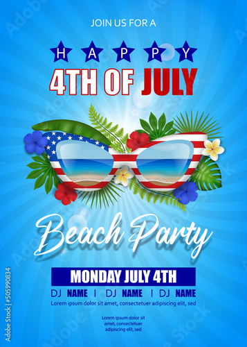 4th of july beach party poster with sunglasses and tropical leaves. american independence background