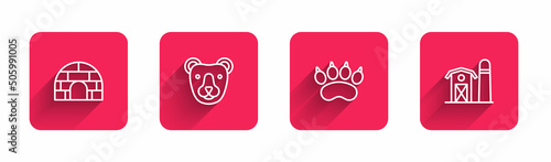 Set line Igloo ice house, Bear head, paw footprint and Farm with long shadow. Red square button. Vector