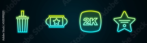 Set line Paper glass with water, Cinema ticket, 2k Ultra HD and Walk of fame star. Glowing neon icon. Vector