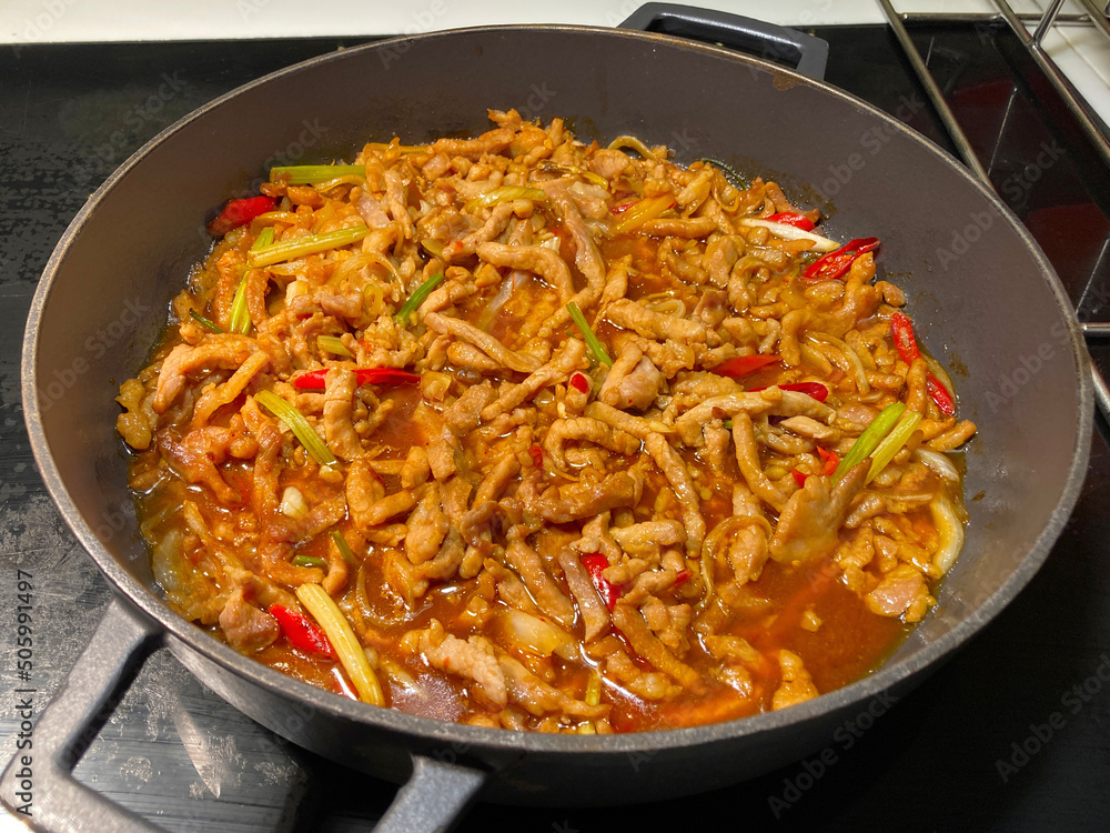 Stir-fry pork with onion in pan Stir-fry pork with onion in pan