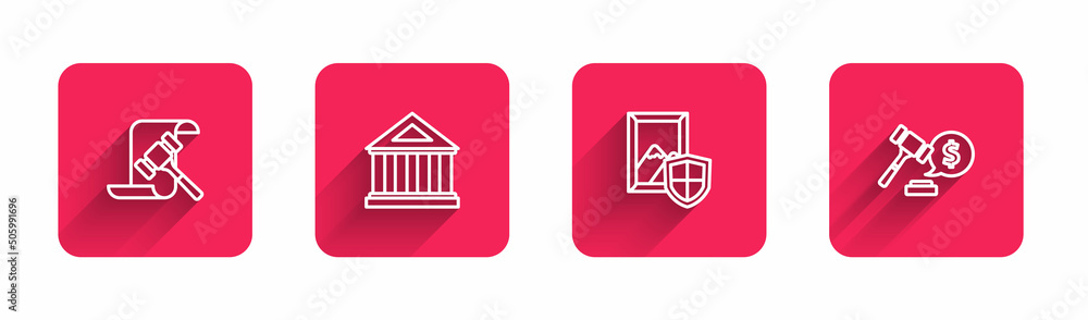 Set line Auction hammer, Museum building, painting and price with long shadow. Red square button. Vector Set line Auction hammer, Museum building, painting and price with long shadow. Red square button. Vector