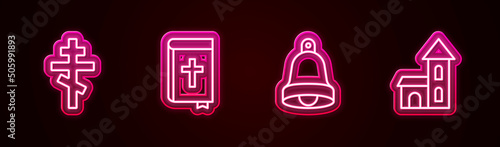 Set line Christian cross, Holy bible book, Church bell and building. Glowing neon icon. Vector