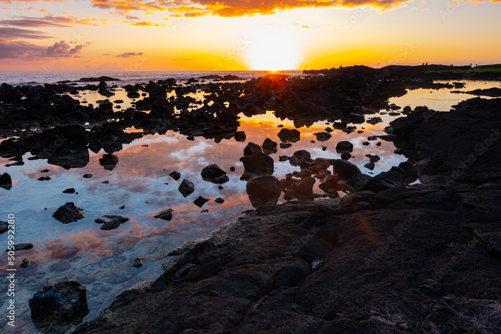 Sunset Rreflection on The Keiki Beach Queens Bath, Kailua-Kona, Hawaii Island, Hawaii, USA
