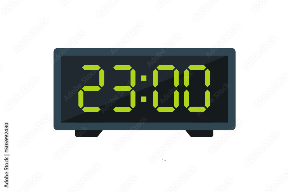 Vector flat illustration of a digital clock displaying 23.00 . Illustration of alarm with digital number design. Clock icon for hour, watch, alarm signs. Vector flat illustration of a digital clock displaying 23.00 . Illustration of alarm with digital number design. Clock icon for hour, watch, alarm signs.
