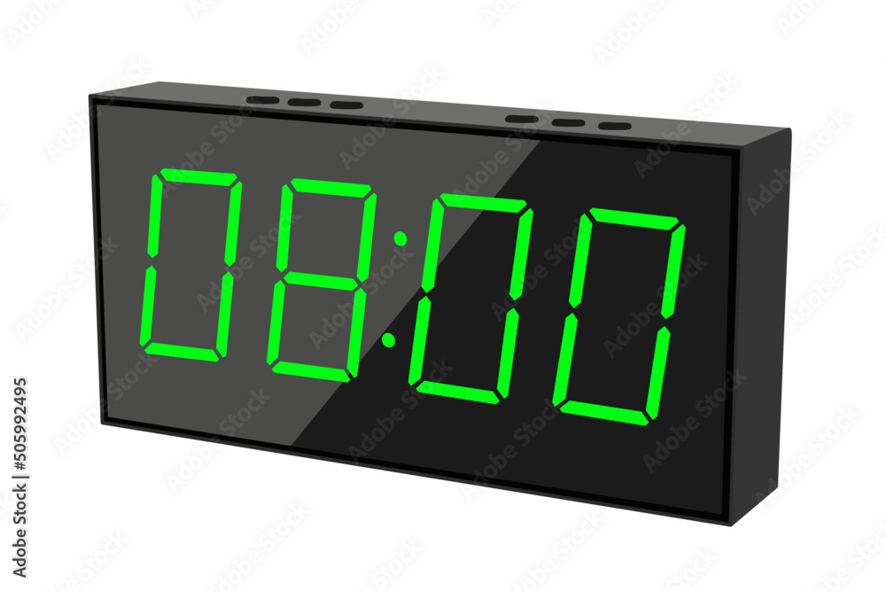 Vector flat illustration of a digital clock displaying 08.00 . Illustration of alarm with digital number design. Clock icon for hour, watch, alarm signs. Vector flat illustration of a digital clock displaying 08.00 . Illustration of alarm with digital number design. Clock icon for hour, watch, alarm signs.