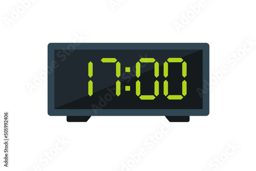 Vector flat illustration of a digital clock displaying 17.00 . Illustration of alarm with digital number design. Clock icon for hour, watch, alarm signs.