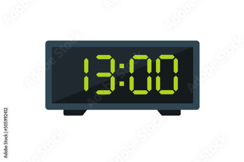 Vector flat illustration of a digital clock displaying 13.00 . Illustration of alarm with digital number design. Clock icon for hour, watch, alarm signs.
