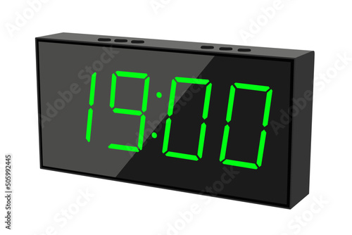 Vector flat illustration of a digital clock displaying 19.00 . Illustration of alarm with digital number design. Clock icon for hour, watch, alarm signs.