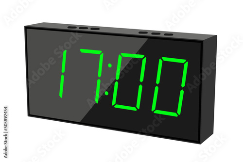 Vector flat illustration of a digital clock displaying 17.00 . Illustration of alarm with digital number design. Clock icon for hour, watch, alarm signs.