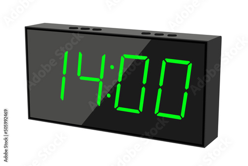 Vector flat illustration of a digital clock displaying 14.00 . Illustration of alarm with digital number design. Clock icon for hour, watch, alarm signs.
