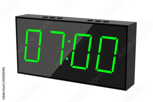 Vector flat illustration of a digital clock displaying 07.00 . Illustration of alarm with digital number design. Clock icon for hour, watch, alarm signs. photo