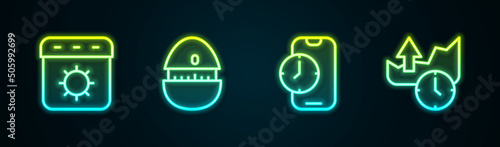 Set line Calendar summer, Kitchen timer, Alarm clock app mobile and Stocks market growth graphs. Glowing neon icon. Vector