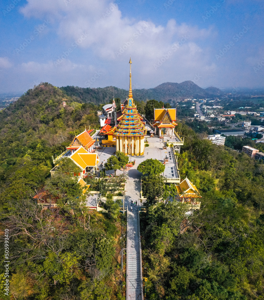 Aerial view of Wat Sangkat Rattana Khiri temple in Uthai Thani, Thailand