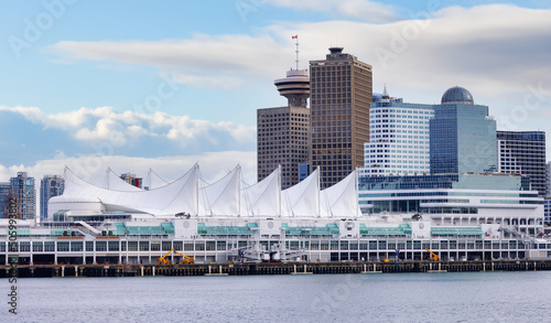 Canada Place and modern city skyline in Coal Harbour. Modern Urban City Landmark on West Coast. Downtown Vancouver  British Columbia  Canada. Cloudy Sky Art Render