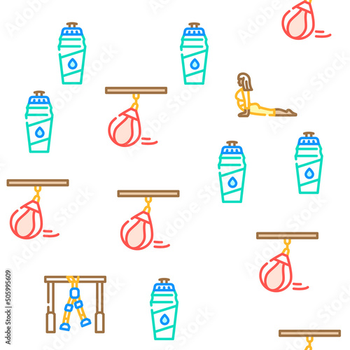 Fitness Gym Sportive Equipment Vector Seamless Pattern Color Line Illustration