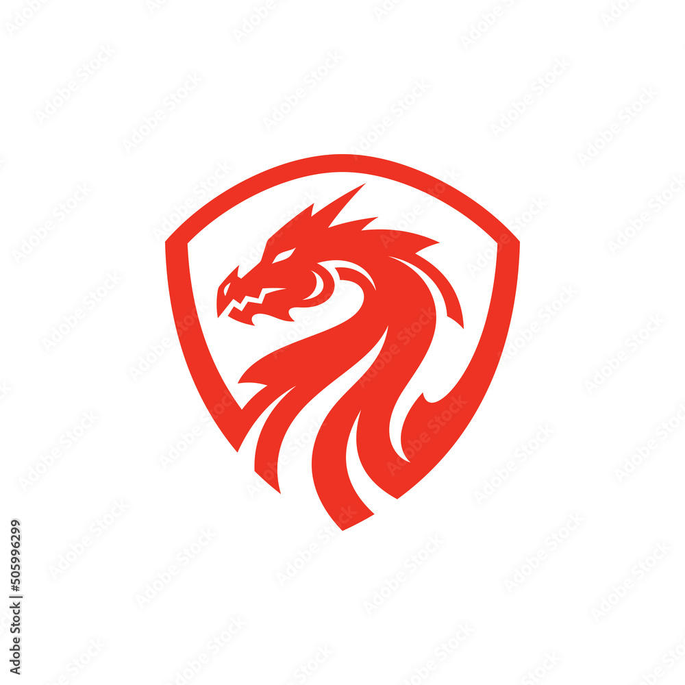 Fototapeta premium Modern dragon serpent and shield logo design. Dragon badge vector icon