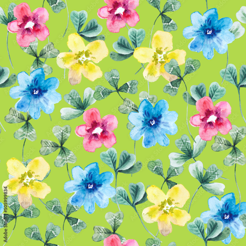 Seamless pattern with clover leaves and cute festive flowers. Hand drawn watercolor illustration.