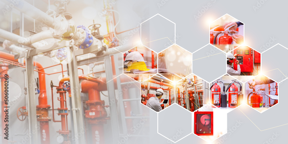 fire extinguishing system,industrial fire control system,fire Alarm controller, fire notifier, anti fire.system ready In the event of a fire , fire extinguishing system service concept . - obrazy, fototapety, plakaty 