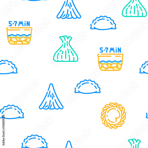 Dumpling Delicious Meal Recipe Vector Seamless Pattern Color Line Illustration