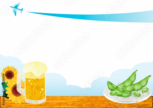 フレーム　夏　ビール　枝豆　飛行機　青空　ひまわり　雲　コピースペース　背景　枠　水彩　イラスト素材
