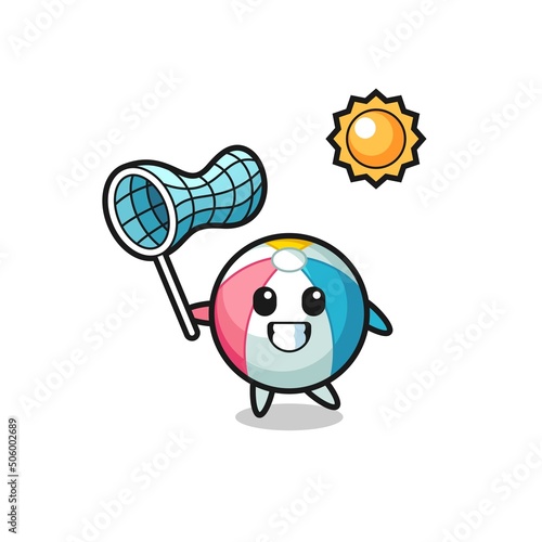 beach ball mascot illustration is catching butterfly