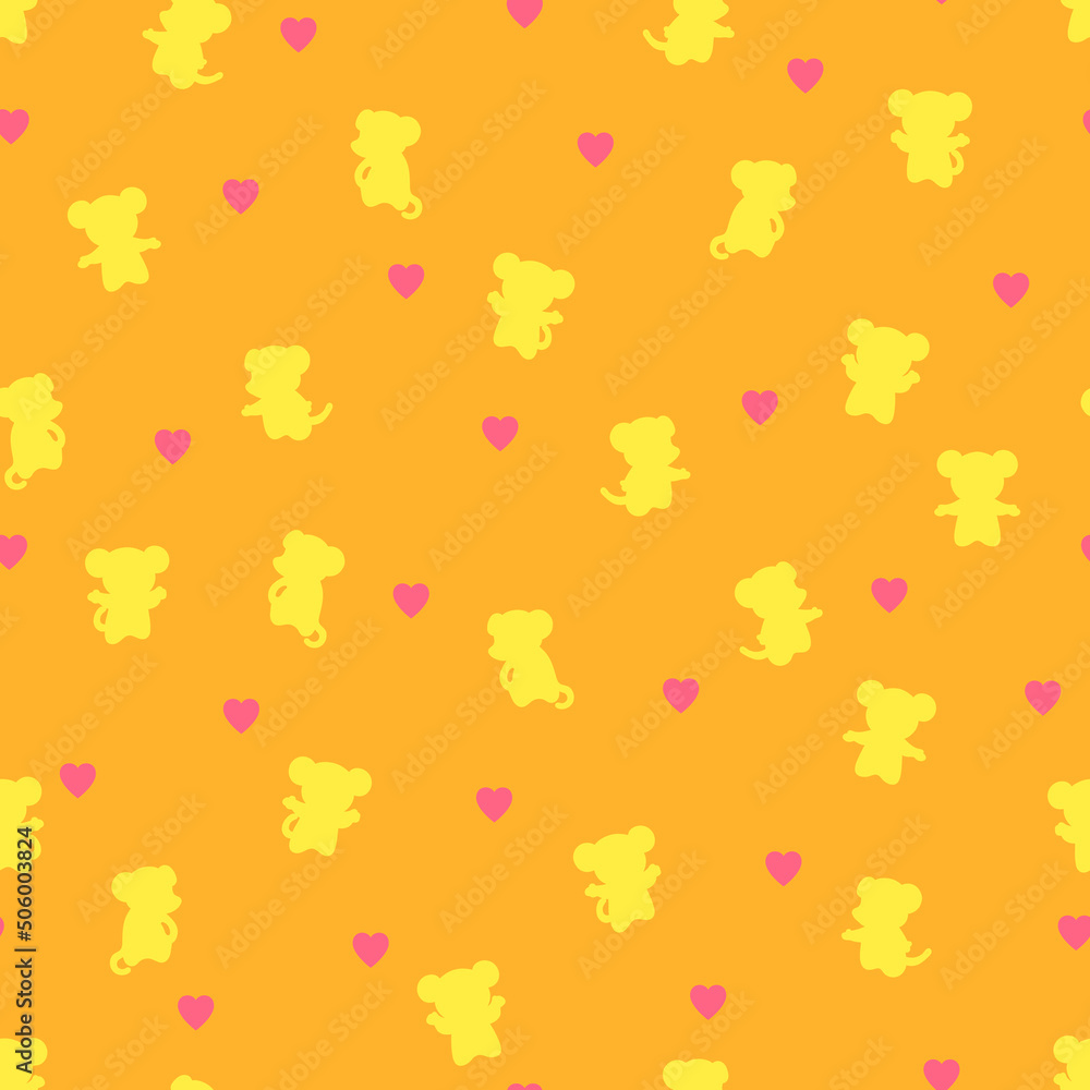mouses and hearts. vector seamless pattern with animals. simple yellow and pink illustration. repetitive baby background. fabric swatch. wrapping paper. continuous print. design template for textile mouses and hearts. vector seamless pattern with animals. simple yellow and pink illustration. repetitive baby background. fabric swatch. wrapping paper. continuous print. design template for textile